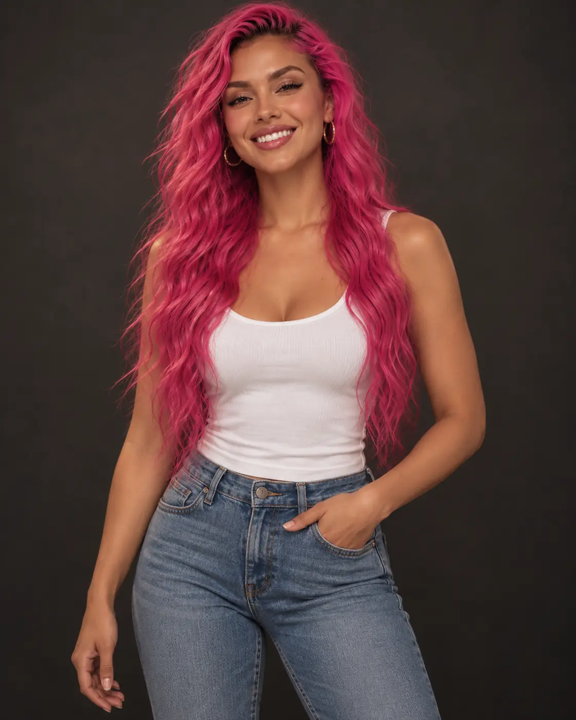 Zayra sorrindo, de regata branca e jeans, em pose editorial.