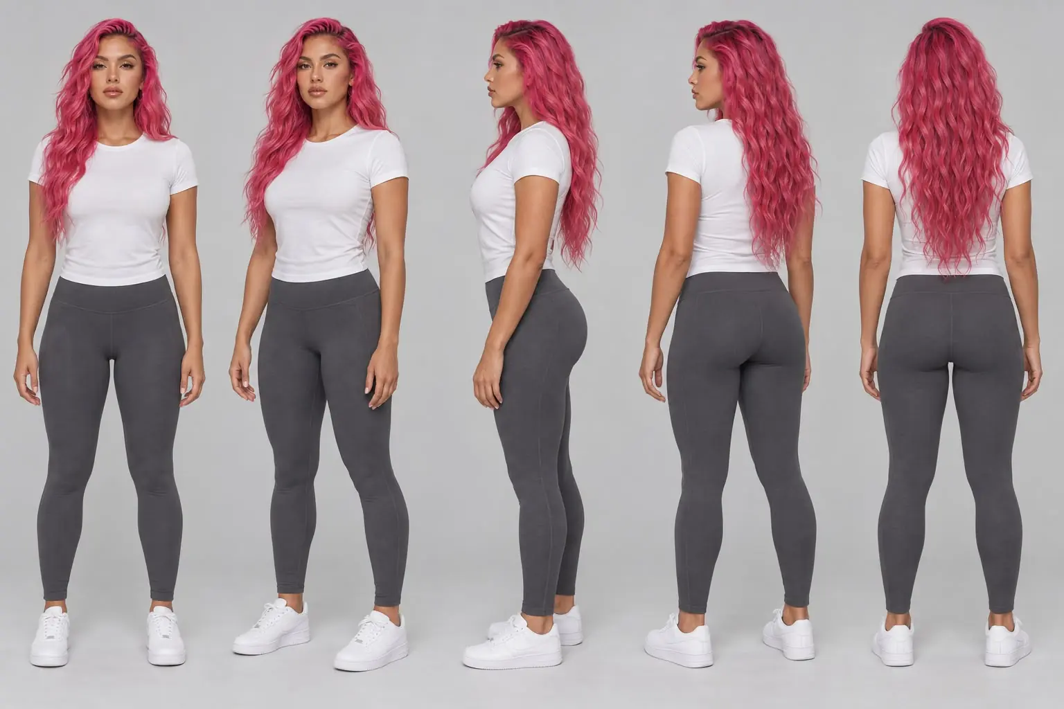 Model sheet da Zayra com cinco vistas do corpo, da frente às costas, mostrando proporções e cabelo.